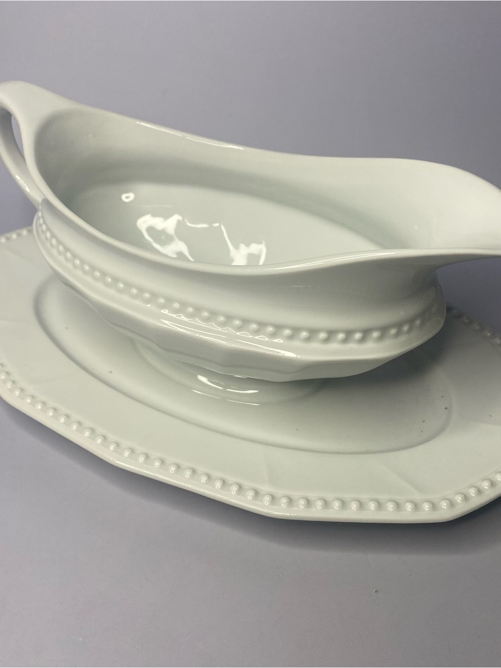 Vintage Hutschenreuther Porcelain Gravy Boat Attached Underplate White Beaded